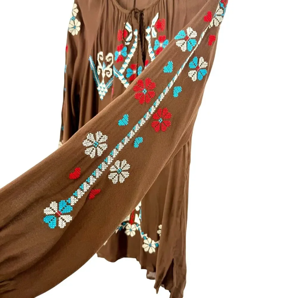 Tasha Polizzi Collection Womens Medium Brown Embroidered Blouse Shirt Top - Picture 6 of 8